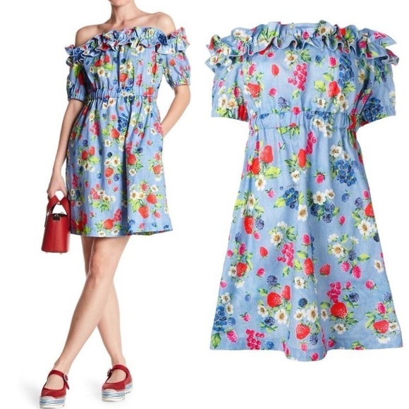 Love Moschino Dresses & Skirts - Love Moschino Picnic Print (Fruit & Floral) Cotton Off the Shoulder Dress Sz 2